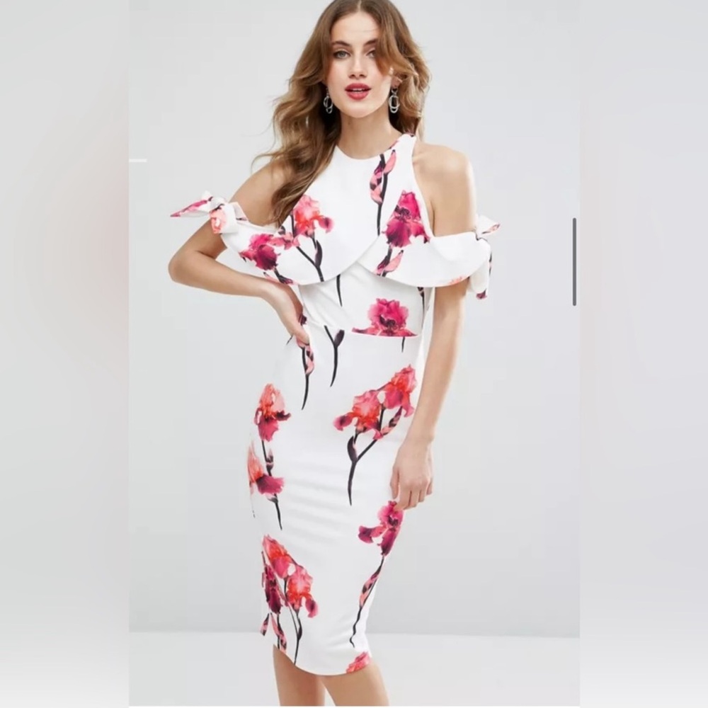 Pink Iris floral midi dress with arm detail